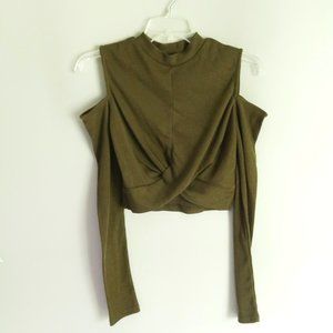 Olive Green Ribbed Cold Shoulder Crop-Top